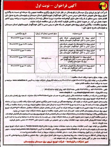 فراخوان اجرای پروژه 50 کیلومتر تعویض شبکه های سیمی مسی با کابل خودنگهدار و...