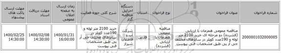 مناقصه عمومی همزمان با ارزیابی (فشرده) دو مرحله ای   خرید 2100 متر لوله و 190عدد کوپلر در سایزهای مختلف جی آر پی طبق مشخصات فنی پیوست