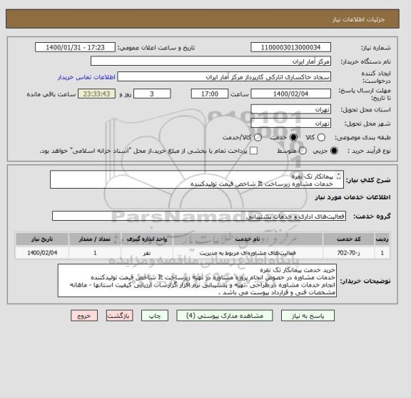 استعلام پیمانکار تک نفره 
خدمات مشاوره زیرساخت It شاخص قیمت تولیدکننده 
تهیه و پشتیبانی نرم افزار گزارشات ارزیابی کیفیت 
شرایط و قرارداد پیوست می باشد . 