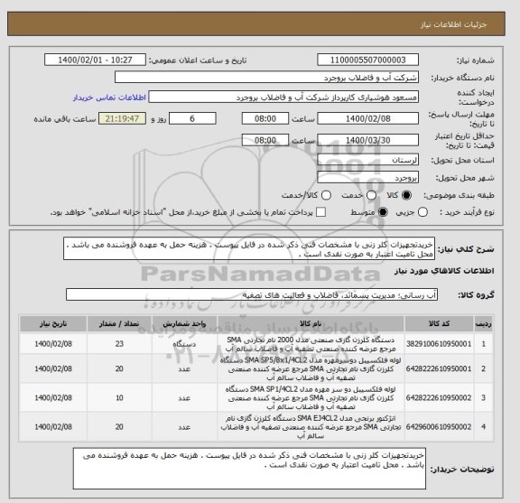 استعلام خریدتجهیزات کلر زنی با مشخصات فنی ذکر شده در فایل پیوست . هزینه حمل به عهده فروشنده می باشد . محل تامیت اعتبار به صورت نقدی است . 