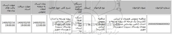 مناقصه عمومی همزمان با ارزیابی (فشرده) یک مرحله ای پروژه توسعه و احداث (تامین روشنایی مشارکتی ورودی روستای سریزد) شهرستان مهریز