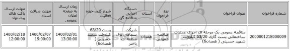 مناقصه عمومی یک مرحله ای اجرای عملیات ساختمانی  پست  گازی 63/20 کیلوولت  شهید حسینی ( همدان6)