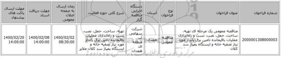 مناقصه عمومی یک مرحله ای تهیه، ساخت، حمل، نصب، تست‌ و راه‌اندازى‌ عملیات باقیمانده تامین برق پایدار مورد نیاز تصفیه خانه و ایستگاه پمپاژ سد کلان