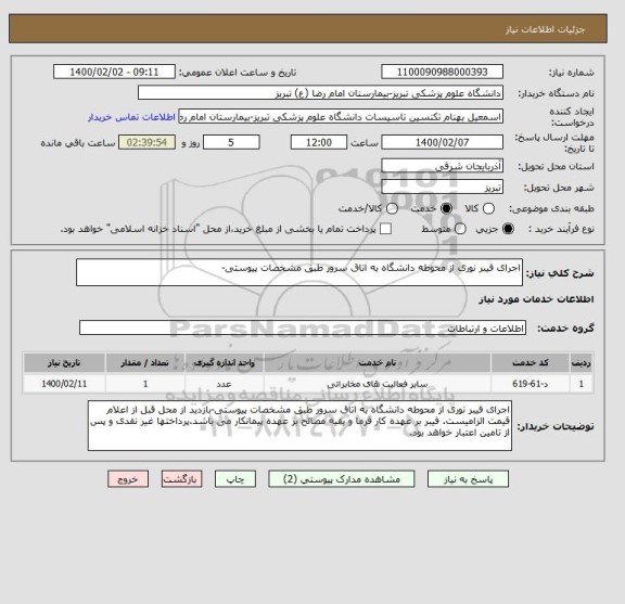 استعلام اجرای فیبر نوری از محوطه دانشگاه به اتاق سرور طبق مشخصات پیوستی-