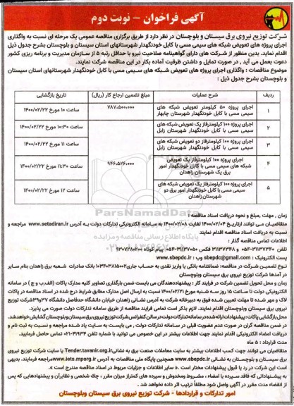 فراخوان اجرای پروژه 50 کیلومتر تعویض شبکه های سیمی مسی با کابل خودنگهدار و... نوبت دوم