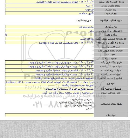 اجرا پروژه ۱۰۰ کیلومترفاز یک تعویض شبکه های سیمی مسی با کابل خودنگهدار امور برق دو شهرستان زاهدان