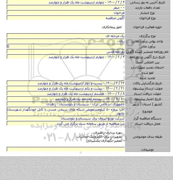 اجرا پروژه ۵۰ کیلومترتعویض شبکه های سیمی مسی با کابل خودنگهدار شهرستان چابهار