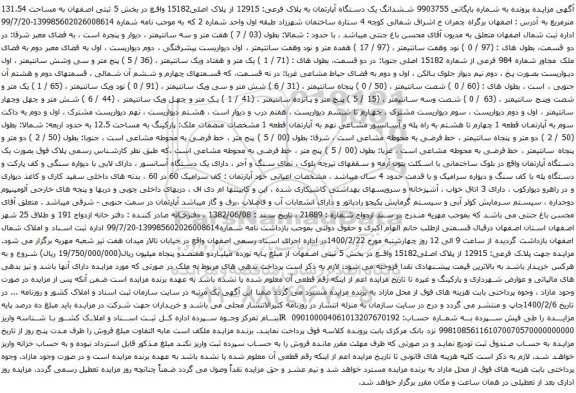 آگهی مزایده  ششدانگ یک دستگاه آپارتمان به پلاک فرعی: 12915 از پلاک اصلی15182