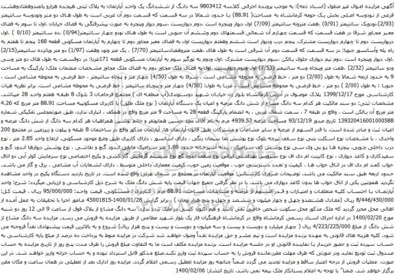 آگهی مزایده سه دانگ از ششدانگ یک واحد آپارتمان به پلاک ثبتی هیجده هزارو پانصدوهفتادوهشت فرعی