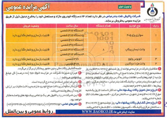 مزایده، مزایده فروش تعداد 24 دستگاه خودروی مازاد و مستعمل