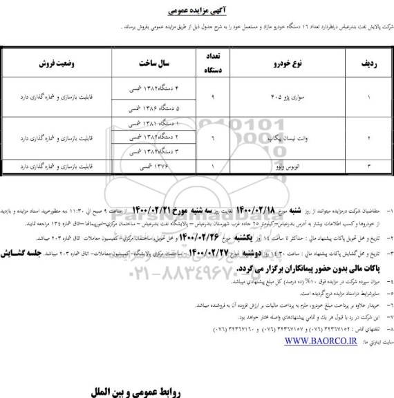 مزایده تعداد 16 دستگاه خودرو مازاد و مستعمل