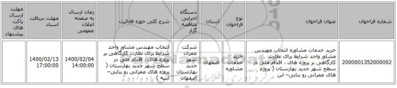 خرید خدمات مشاوره انتخاب مهندس مشاور واجد شرایط برای نظارت کارگاهی بر پروژه های ، اقدام ملی  در سطح شهر جدید بهارستان ( پروژه های عمرانی رو  بنایی– ابن