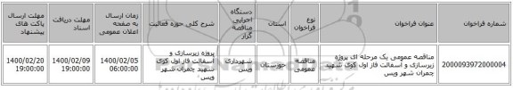 مناقصه عمومی یک مرحله ای پروژه زیرسازی و آسفالت فاز اول کوی شهید چمران شهر ویس 