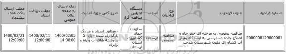 مناقصه عمومی دو مرحله ای حفر چاه و اصلاح جاده دسترسی به ایستگاه پمپاژ آب کشاورزی ملیون شهرستان پلدختر  