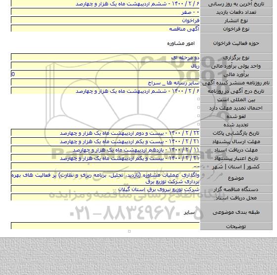 واگذاری عملیات مشاوره (بازدید، تحلیل، برنامه ریزی و نظارت) بر فعالیت های بهره برداری شرکت توزیع برق