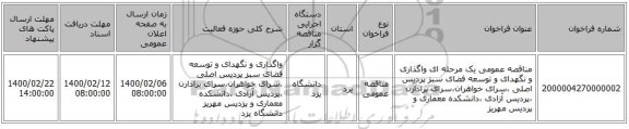 مناقصه عمومی یک مرحله ای واگذاری و نگهدای و توسعه فضای سبز پردیس اصلی ،سرای خواهران،سرای برادارن ،پردیس آزادی ،دانشکده معماری و پردیس مهریز