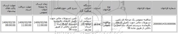 مناقصه عمومی یک مرحله ای تامین تسهیلات مالی جهت تکمیل کارهای باقیمانده سیستم انحراف سد مخزنی دالکی از طریق ماده 56