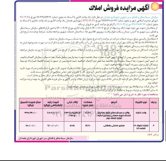 مزایده فروش یک واحد اداری و یک واحد تجاری 