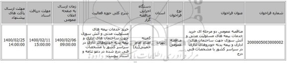 مناقصه عمومی دو مرحله ای خرید خدمات بیمه های مسئولیت مدنی و آتش سوزی جهت ساختمان های اداری و بیمه بدنه خودروهای اداری در سراسر کشور با مشخصات فنی درج 