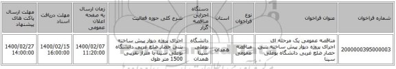 مناقصه عمومی یک مرحله ای اجرای پروژه دیوار پیش ساخته بتنی حصار ضلع غربی دانشگاه بوعلی سینا