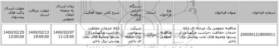 مناقصه عمومی یک مرحله ای ارائه خدمات حفاظت ،حراست ونگهبانی از پستها ومحیط های تحت پوشش برق باختر 