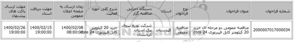 مناقصه عمومی دو مرحله ای خرید  20 کیلومتر کابل فیبرنوری 24 core