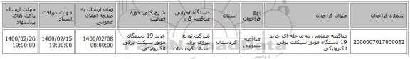 مناقصه عمومی دو مرحله ای خرید 19 دستگاه موتور سیکلت برقی الکترونیکی