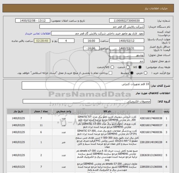 استعلام 10 قلم تجهیزات کنترلی