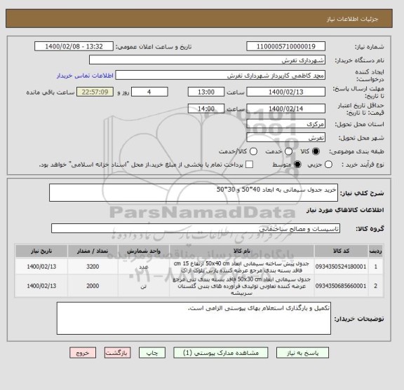 استعلام خرید جدول سیمانی به ابعاد 40*50 و 30*50 