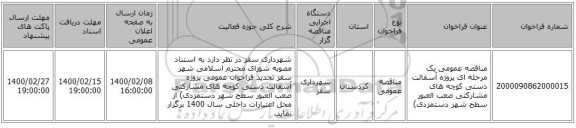 مناقصه عمومی یک مرحله ای پروژه آسفالت دستی کوچه های مشارکتی صعب العبور سطح شهر دستمزدی)