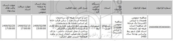 مناقصه عمومی همزمان با ارزیابی (فشرده) یک مرحله ای مناقصه احداث طبقه اول کتابخانه استاد هژار شهر ربط براساس بودجه سال 1400 