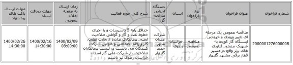 مناقصه عمومی یک مرحله ای تغییر ورودی و خروجی ایستگاه گاز کورده به شهرک صنعتی فناوری های برتر واقع در مسیر قطار برقی مشهد گلبهار