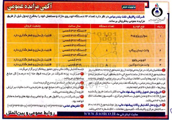 مزایده، مزایده فروش تعداد 24 دستگاه خودروی مازاد و مستعمل - نوبت دوم