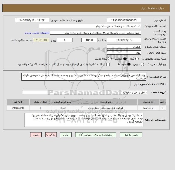 استعلام  واگذاری امور خودرویی ستاد شبکه و مرکز بهداشت  شهرستان بهار به مدت یکسال به بخش خصوصی دارای صلاحیت 