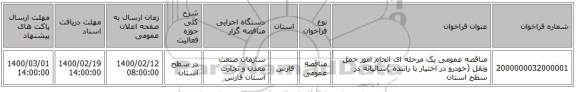 مناقصه عمومی یک مرحله ای انجام امور حمل ونقل (خودرو در اختیار با راننده )سالیانه در سطح استان