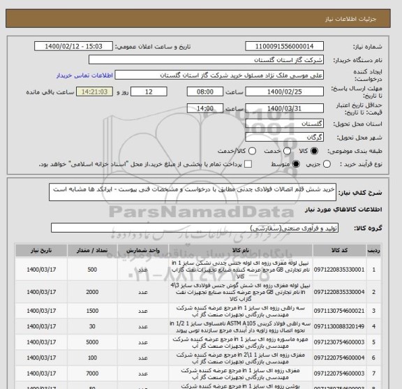 استعلام خرید شش قلم اتصالات فولادی چدنی مطابق با درخواست و مشخصات فنی پیوست - ایرانکد ها مشابه است