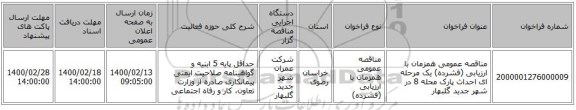 مناقصه عمومی همزمان با ارزیابی (فشرده) یک مرحله ای احداث پارک محله 8 در شهر جدید گلبهار