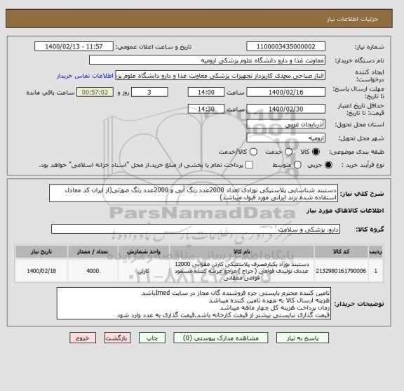 استعلام دستبند شناسایی پلاستیکی نوزادی تعداد 2000عدد رنگ آبی و 2000عدد رنگ صورتی(از ایران کد معادل استفاده شده برند ایرانی مورد قبول میباشد)