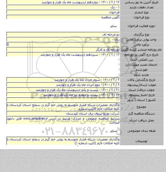 واگذاری تعمیرات شبکه فشار متوسط به روش خط گرم در سطح استان کردستان با کلیه امکانات لازم (اکیپ شماره