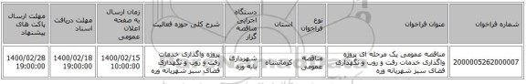 مناقصه عمومی یک مرحله ای پروژه واگذاری خدمات رفت و روب و نگهداری فضای سبز شهربانه وره 