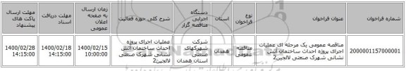 مناقصه عمومی یک مرحله ای عملیات اجرای پروژه احداث ساختمان آتش نشانی شهرک صنعتی لالجین2