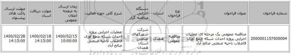 مناقصه عمومی یک مرحله ای عملیات اجرایی پروژه احداث شبکه جمع آوری فاضلاب ناحیه صنعتی صالح آباد  