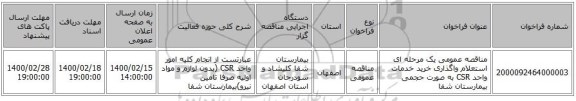 مناقصه عمومی یک مرحله ای استعلام واگذاری خرید خدمات واحد CSR به صورت حجمی بیمارستان شفا