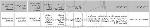 مناقصه عمومی یک مرحله ای تکمیل ایستگاه و شبکه آبیاری تحت فشار اراضی تحت پوشش ایستگاه پمپاژ دیلاوند شهرستان کوهدشت ( در قالب ماده 27 )