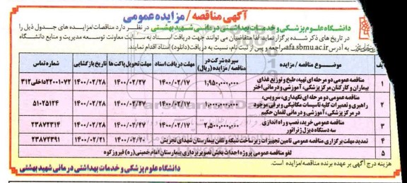 مناقصه, مناقصه تهیه، طبخ و توزیع غذای بیماران ...