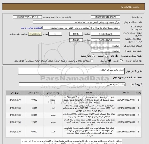 استعلام ظروف یکبار مصرف 4ماهه