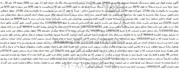 آگهی مزایده ششدانگ یکبایخانه مترمربع پلاک ثبتی 27/455 بخش 10 آبادان 