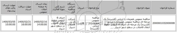 مناقصه عمومی همزمان با ارزیابی (فشرده) یک مرحله ای مناقصه عمومی همزمان با ارزیابی (فشرده) یک مرحله ای اجرای 6 کیلومتر خطوط انتقال فاضلاب در سطح شهر شیراز