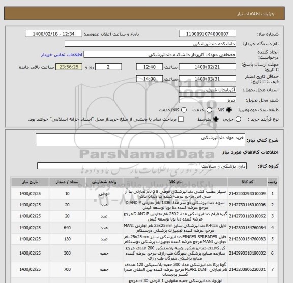 استعلام خرید مواد دندانپزشکی