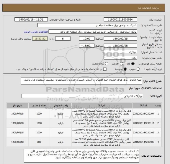 استعلام تهیه وتحویل کابل های افشان ونیم افشان بر اساس اسناد ومدارک ومشخصات  پیوست استعلام می باشد.